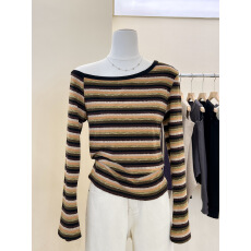 批发实拍~黄色条纹<b class='q'>一字肩</b>低领t恤女打底衫修身上衣