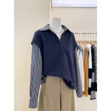 批发实拍~韩版复古格子衬衫女<b class='q'>假两件</b>工装长袖<b class='q'>上衣</b>