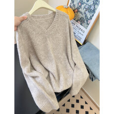 实拍~灰色v领长袖毛衣针织衫秋软糯小衫