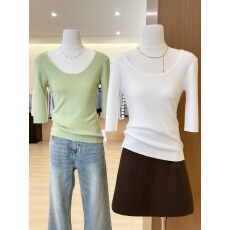 批发实拍~u领针织打底衫女内搭单穿高级感五分<b class='q'>袖</b><b class='q'>上衣</b>