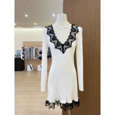 批发实拍~女秋法式高端名媛气质小香风蕾丝拼接白色针织连衣裙