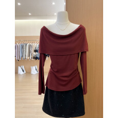 批发实拍~轻熟风绝美上衣酒红色一字肩掐腰长袖T恤女秋