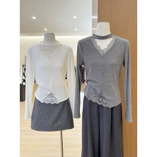 批发实拍~韩系漂亮灰色V领针织打底衫女毛衣内搭蕾丝小上衣
