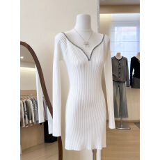批发实拍~气质V领修身打底针织<b class='q'>连衣裙女</b>秋冬打底内搭毛衣性感包臀裙