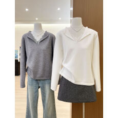 批发<b class='q'>实拍</b>~灰色蕾丝边v领长袖针织打底衫女秋冬毛衣内搭打底