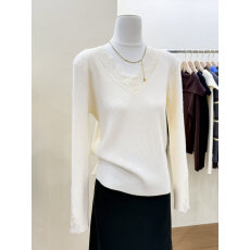 实拍~法式温柔蕾丝拼接V领针织衫上衣女秋冬内搭打底衫