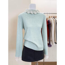 实拍~鱼糯糯粉色半高领打底衫女秋冬蕾丝拼接内搭毛衣针织上衣