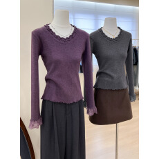 批发实拍~秋冬百搭气质蕾丝花边修身显瘦<b class='q'>针织</b><b class='q'>上衣</b>毛衣女