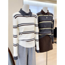 批发实拍~法式减龄休闲撞色条纹polo领设计<b class='q'>针织</b>衫女秋冬季