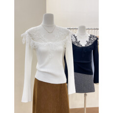 批发实拍~<b class='q'>蕾丝</b>拼接长袖针织衫女冬修身毛衣内搭打底上衣