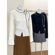 批发实拍~法式蝴蝶结系带内搭上衣女秋冬装短款长袖打底衫