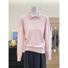 批发实拍~粉色polo领烫钻厚实软糯套头毛衣小冬装针织衫上衣女