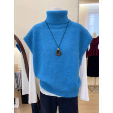 批发实拍~韩系蓝色高领针织<b class='q'>马甲</b>小背心女秋冬无袖坎肩毛衣