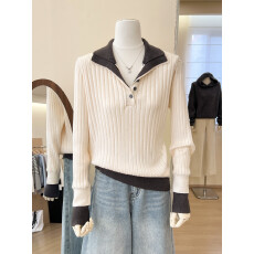 批发实拍~韩系白色假两件翻领长袖针织打底衫女秋冬上衣