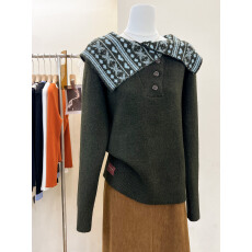 批发实拍~费尔岛提花绿色翻领套头厚毛衣女秋冬加厚内搭针织上衣