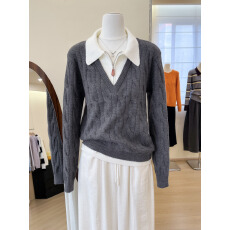 批发实拍~法式灰色假两件polo领毛衣打底衫<b class='q'>女</b>秋冬fufu<b class='q'>针织衫</b>上衣