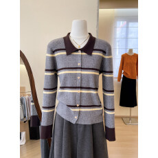 批发实拍~复古条纹风翻领<b class='q'>针织衫</b><b class='q'>女</b>长袖韩版撞色上衣