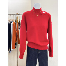 批发实拍~红色高领露肩圣诞款毛衣<b class='q'>女</b>秋冬宽松慵懒风内搭针织长袖上衣