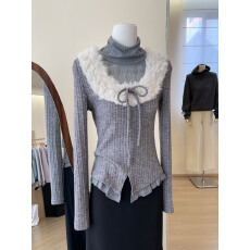 批发实拍~灰色半高领毛领拼接开叉<b class='q'>针织衫</b><b class='q'>女</b>冬打底紧身上衣