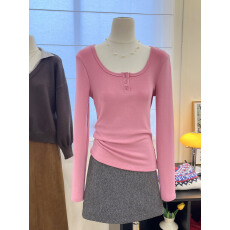 批发实拍~韩系粉色方领打底正肩长袖T恤<b class='q'>女</b>秋冬上衣