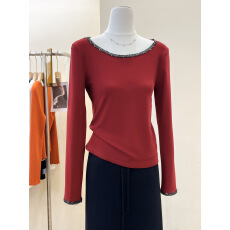 批发实拍~红色重工烫钻亮片针织打底衫<b class='q'>女</b>秋冬气质长袖上衣