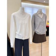 批发实拍~蕾丝拼接高领灰色针织打底衫女秋冬毛衣上衣