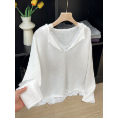 批发实拍~蕾丝拼接V领白色长袖针织打底衫女秋冬上衣