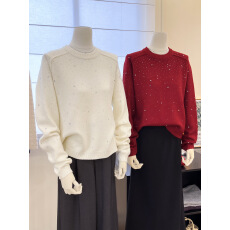 批发实拍~高级感红色烫钻长袖针织打底衫女秋冬宽松显瘦毛衣上衣