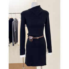 批发实拍~黑色长袖针织连衣裙女秋冬赫本风气质内搭收腰包臀短裙子