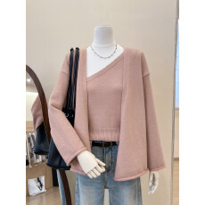 批发实拍~韩系穿搭软糯慵懒风橘粉色背心<b class='q'>开衫</b>针织套装女秋冬