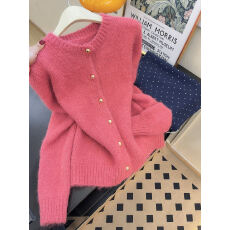 批发实拍~韩系穿搭玫红色针织<b class='q'>开衫</b>外套女秋冬毛衣外穿<b class='q'>马海毛</b>上衣