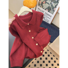 批发实拍~翻领泡泡袖纽扣<b class='q'>毛衣</b>外套慵懒高级感软糯针织<b class='q'>开衫</b>