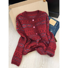 批发实拍~红色费尔岛毛衣秋冬韩系穿搭超好看独特<b class='q'>大码</b>漂亮上衣