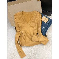 批发实拍~韩系橘色V领长袖针织打底衫女秋冬毛衣内搭修身短款上衣