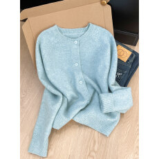 批发实拍~韩系穿搭蓝色长袖针织<b class='q'>开衫</b>外套<b class='q'>女</b>秋冬季外穿<b class='q'>毛衣</b>上衣