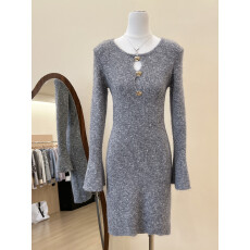 批发实拍~韩系灰色镂空喇叭袖针织连衣裙女秋冬<b class='q'>修身</b>收腰打底包臀短裙