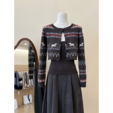 批发实拍~韩系灰色提花<b class='q'>针织</b><b class='q'>开衫</b>女秋冬毛衣外套外搭软糯加厚<b class='q'>短款</b>上衣