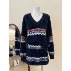 批发实拍~女装秋冬季炸街一整套蓝色费尔岛针织毛衣半身裙套装