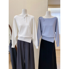 批发实拍~斜肩型挂脖低领露肩<b class='q'>打底衫</b>上衣女秋冬内搭粉色长袖针织衫厚