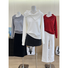 批发实拍~韩系翻领钉珠针织打底衫女秋冬不规则宽松毛衣设计感上衣