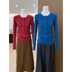 批发实拍~韩系漂亮蓝色长袖针织打底衫女秋冬绝美设计感内搭修身上衣