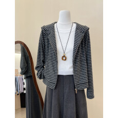 批发实拍~韩系百搭毛巾绒条纹连帽卫衣女秋冬宽松显瘦休闲短款外套