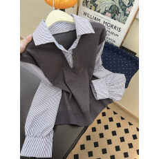 批发实拍~假两件长袖衬衫女高级感设计感小众早秋韩系chic别致上衣