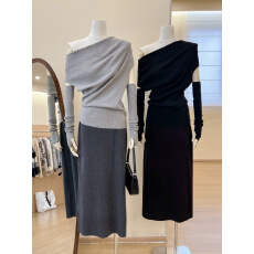 批发实拍~斜肩一字领羊毛修身打底衫女秋<b class='q'>冬</b>打底配袖套针织长袖上衣