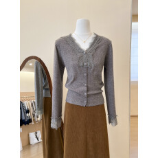 批发实拍~漂亮灰色蕾丝内搭小衫打底针织开衫洋气高贵上衣女装秋<b class='q'>冬</b>