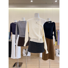 批发实拍~韩国东大门秋冬季新款气质斜肩修身百搭显瘦飘带针织衫女