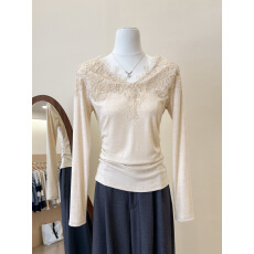 批发实拍~性感纯欲风杏色蕾丝V领长袖T恤女高级感打底修身显瘦上衣