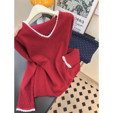 批发实拍~蕾丝拼接红色V领长袖针织打底衫女秋<b class='q'>冬</b>独特漂亮内搭上衣