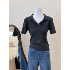 批发实拍~灰色Polo领短袖<b class='q'>针织衫</b>女2025夏季新款高级感t恤百搭显瘦上衣