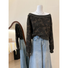 批发实拍~美式复古水洗迷彩<b class='q'>短款</b><b class='q'>卫衣</b>女百搭休闲设计感斜肩上衣春